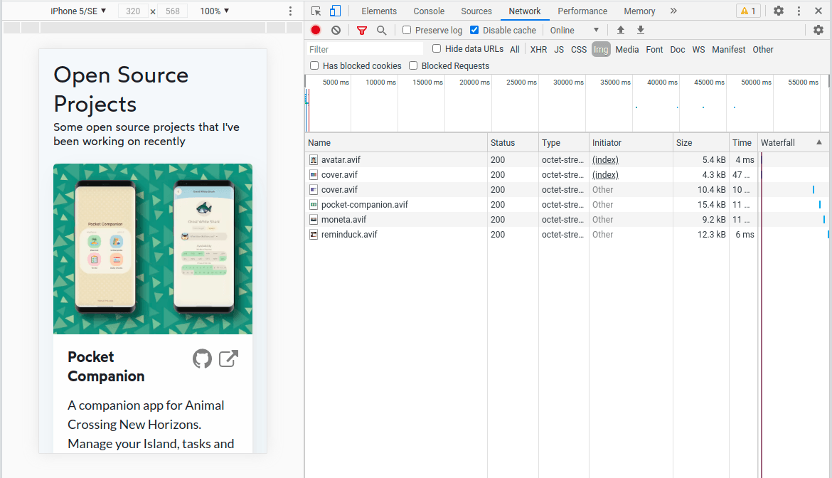 Screenshot of the browser tools showing network requests: now, there are many more images downloaded.
